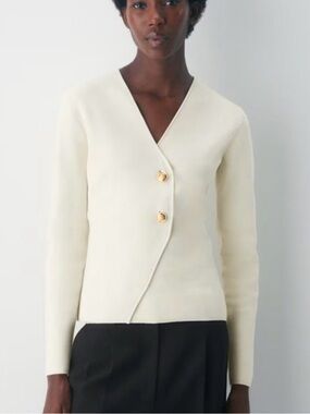 Aritzia Cream NANETTE Tailored V-Neck Cardigan with Gold Buttons in Birch